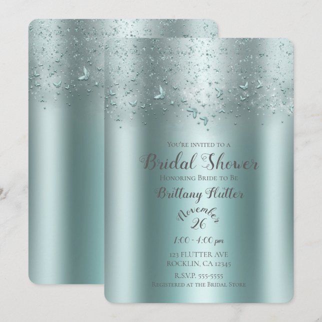 Silver Teal Aqua Flutter Butterfly Bridal Shower Invitation (Front/Back)
