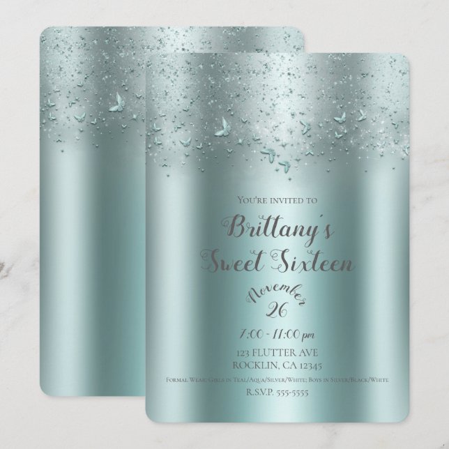 Silver Teal Aqua Flutter Butterfly Sweet 16 Party Invitation (Front/Back)