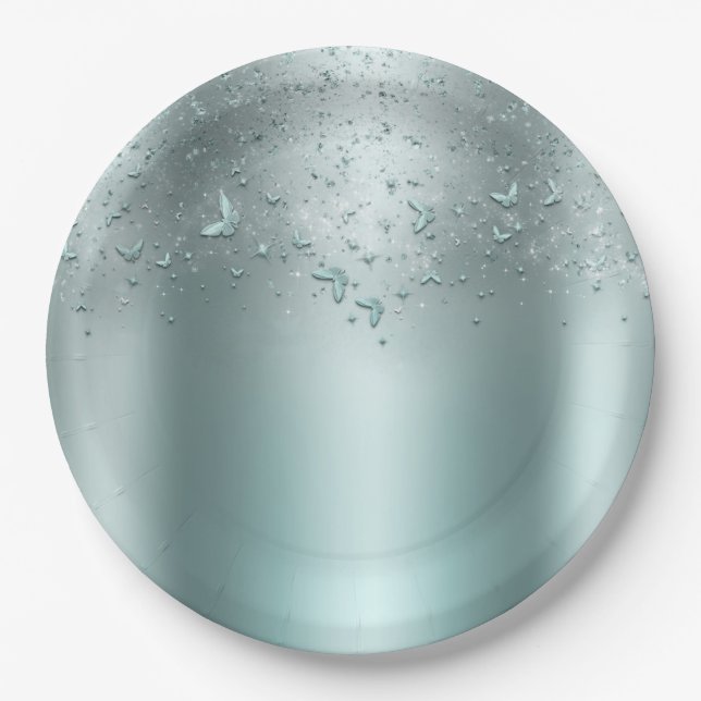 Silver Teal Aqua Flutter Butterfly Sweet 16 Party Paper Plate (Front)