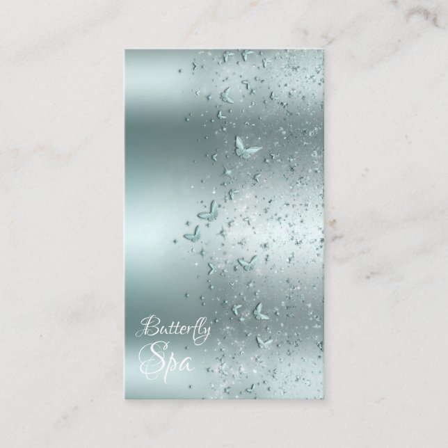 Silver Teal Aqua Sparkle Flutter Butterfly Business Card (Front)