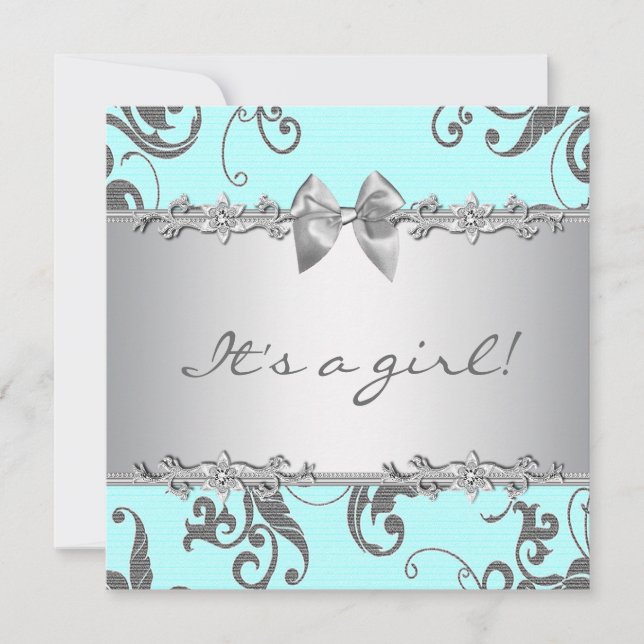 Silver Teal Blue Baby Girl Shower Invitation (Front)
