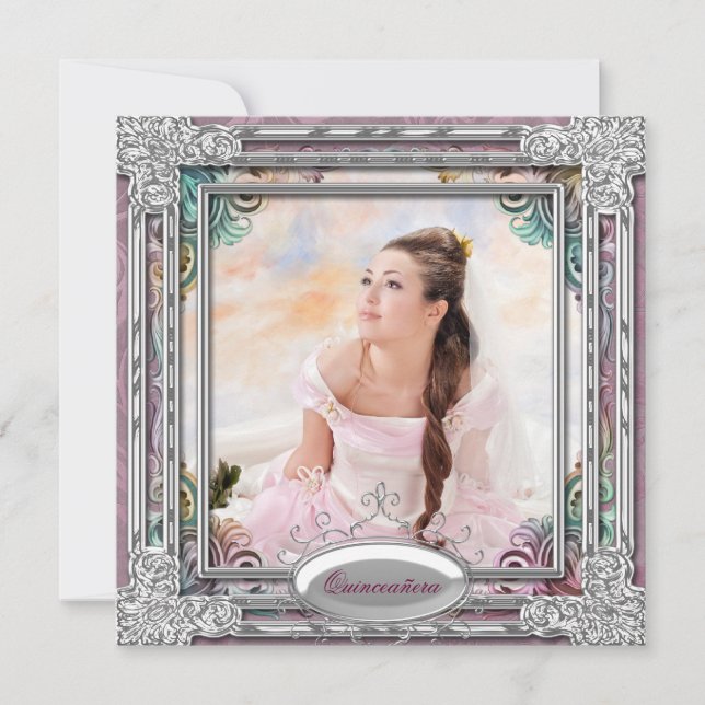 Silver Teal Blue Coral Pink Photo Quinceanera Invitation (Front)