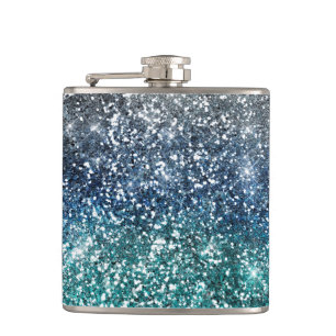 Silver Teal Blue Glitter Look Hip Flask