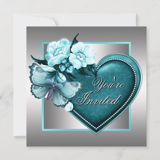 Silver Teal Blue Heart Butterfly Teal Blue Party Invitation (Front)
