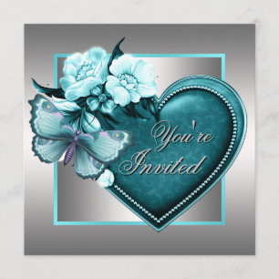 Silver Teal Blue Heart Butterfly Teal Blue Party Invitation