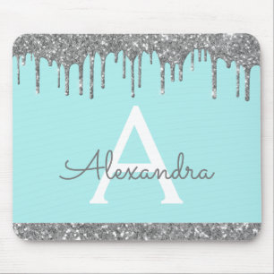 Silver Teal Blue Modern Sparkle Glitter Monogram Mouse Mat