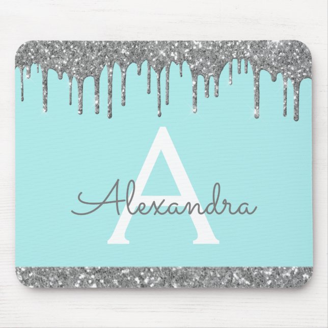Silver Teal Blue Modern Sparkle Glitter Monogram Mouse Mat (Front)