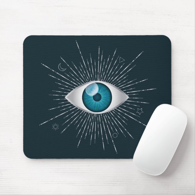 Silver & Teal Blue Mystic Aqua Evil Eye Nazar Mati Mouse Mat (With Mouse)