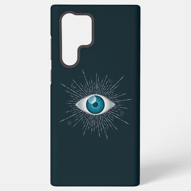 Silver & Teal Blue Mystic Aqua Evil Eye Nazar Mati Samsung Galaxy S22 Ultra Case (Back)