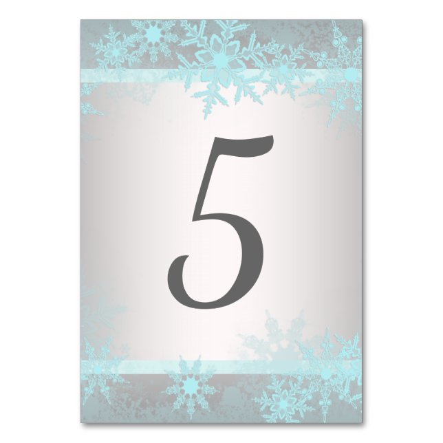 Silver Teal Blue Snowflake Table Number Cards (Front)