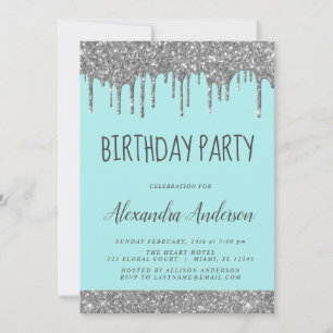Silver Teal Blue Sparkle Glitter Any Age Birthday Invitation