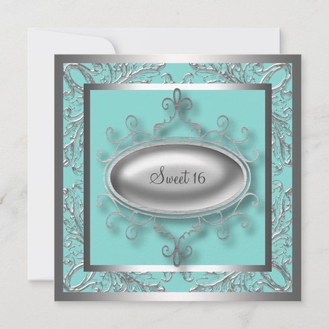 Silver Teal Blue Sweet 16 Birthday Party Invitation (Front)