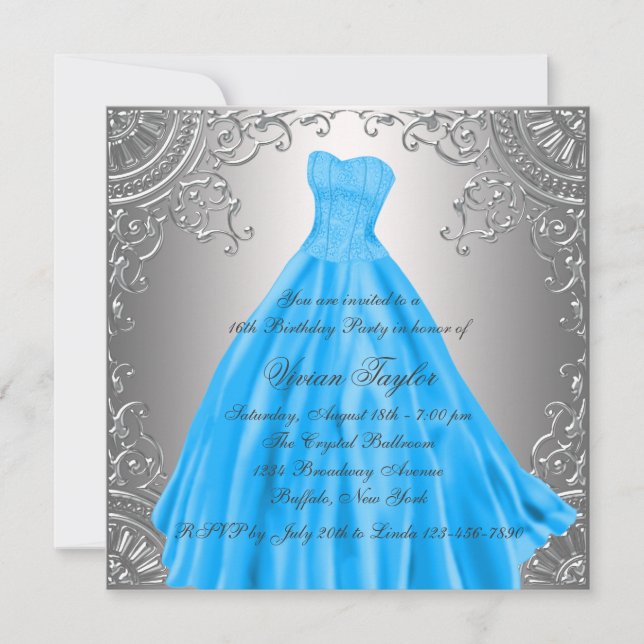 Silver Teal Blue Sweet Sixteen Birthday Party Invitation (Front)