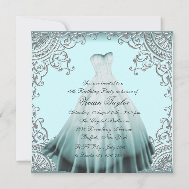 Silver Teal Blue Sweet Sixteen Birthday Party Invitation (Front)
