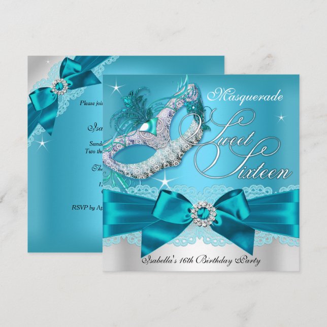 Silver Teal Bow Masquerade Sweet Sixteen Invite (Front/Back)