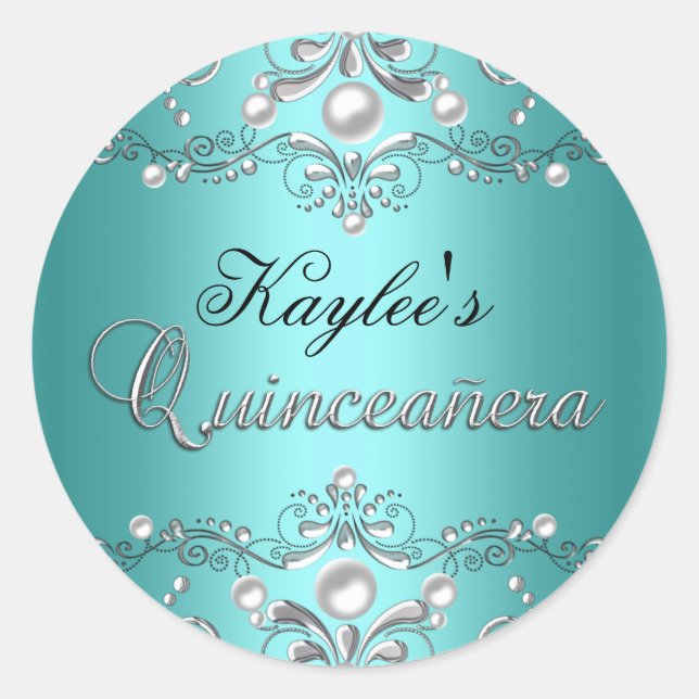 Silver & Teal Damask Pearl Quinceanera Sticker (Front)