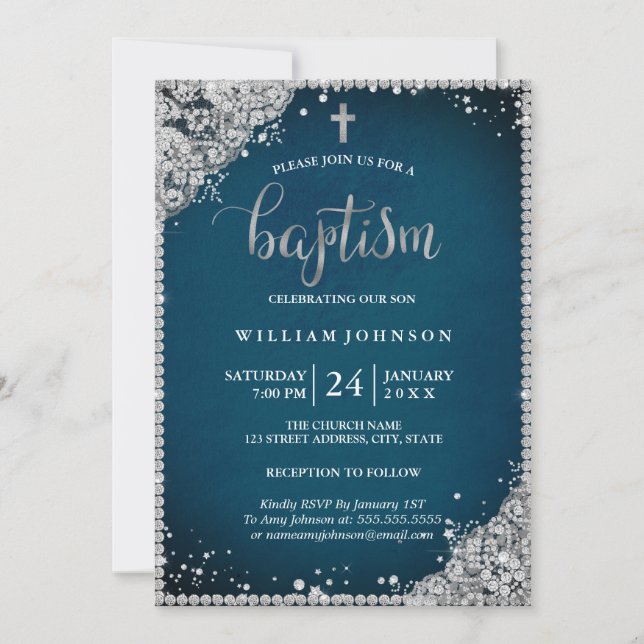 Silver Teal Diamond Lace Cross Baptism Invitation (Front)
