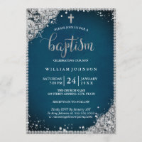 Silver Teal Diamond Lace Cross Baptism Invitation