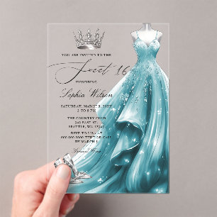 Silver Teal Dress Princess Sweet 16 Acrylic Invitations