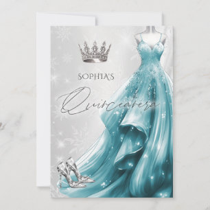 Silver Teal Dress Winter Snowflakes Quinceañera Invitation