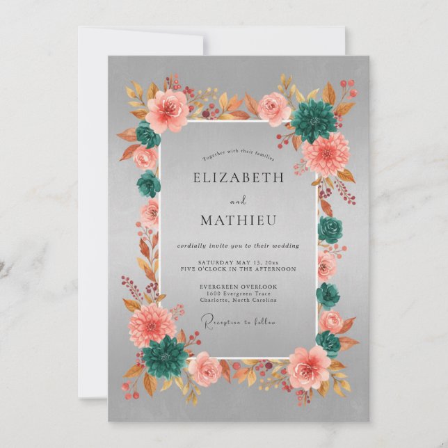 Silver Teal Elegant Autumn Wedding Invitation (Front)