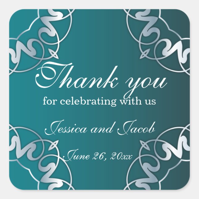 Silver & Teal Filigree Cutout Luxury Frame Wedding Square Sticker (Front)