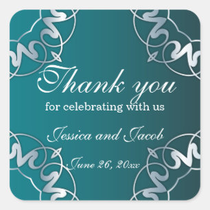 Silver & Teal Filigree Cutout Luxury Frame Wedding Square Sticker