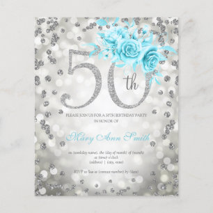 Silver Teal Floral 50th Birthday Lights Invite Flyer