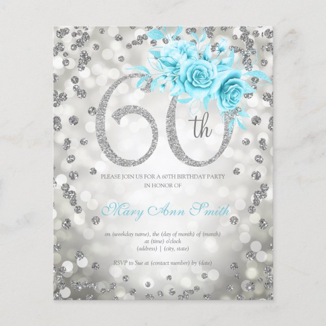 Silver Teal Floral 60 Birthday Lights Invitation  Flyer (Front)