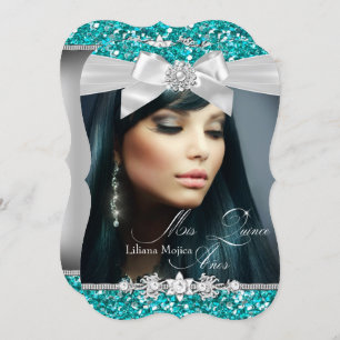 Silver & Teal Glitter Bow Photo Quinceanera Invitation