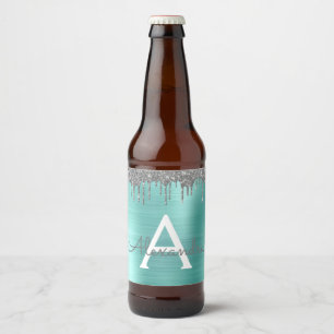 Silver Teal Glitter Brushed Metal Monogram Name Beer Bottle Label