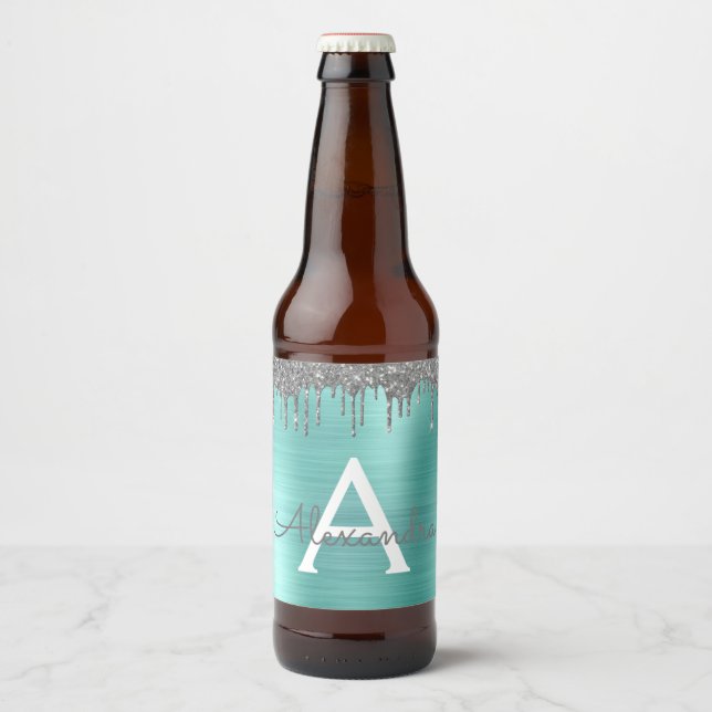Silver Teal Glitter Brushed Metal Monogram Name Beer Bottle Label (Front)