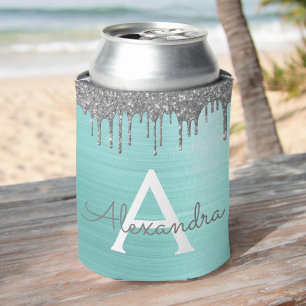 Silver Teal Glitter Brushed Metal Monogram Name Can Cooler