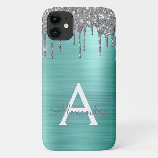 Silver Teal Glitter Brushed Metal Monogram Name Case-Mate iPhone Case (Back)