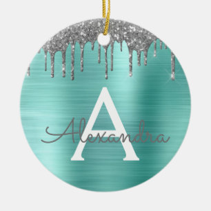 Silver Teal Glitter Brushed Metal Monogram Name Ceramic Tree Decoration