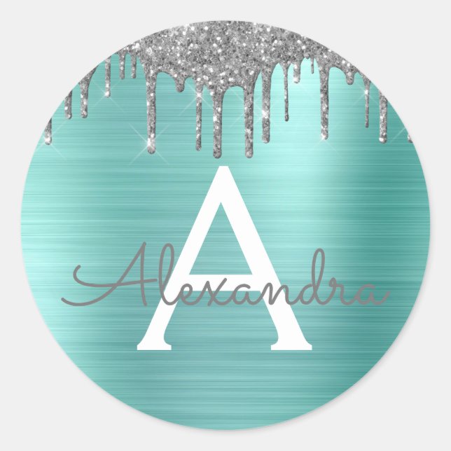 Silver Teal Glitter Brushed Metal Monogram Name Classic Round Sticker (Front)