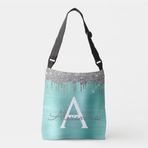 Silver Teal Glitter Brushed Metal Monogram Name Crossbody Bag