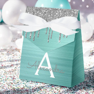 Silver Teal Glitter Brushed Metal Monogram Name Favour Box