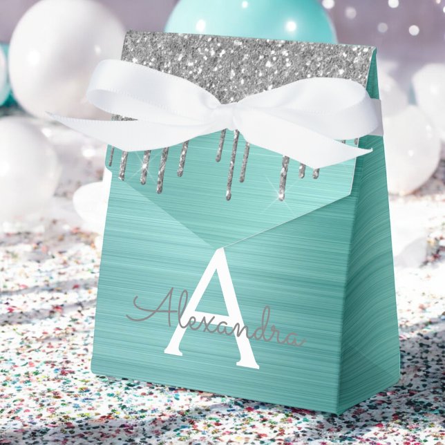 Silver Teal Glitter Brushed Metal Monogram Name Favour Box (Creator Uploaded)