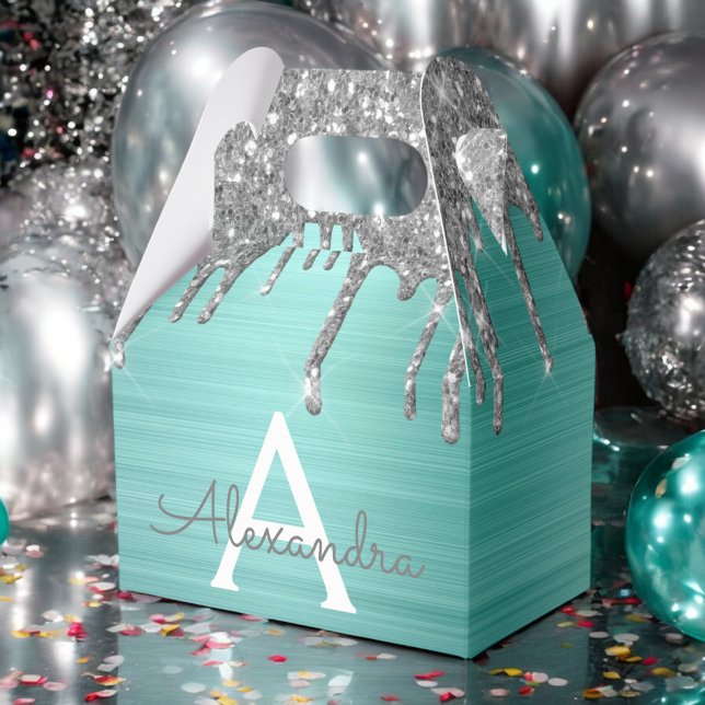 Silver Teal Glitter Brushed Metal Monogram Name Favour Box (Creator Uploaded)