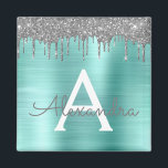 Silver Teal Glitter Brushed Metal Monogram Name Magnet<br><div class="desc">Silver and Teal Aqua Blue Faux Foil Metallic Sparkle Glitter Brushed Metal Monogram Name and Initial Party Magnet. This makes the perfect sweet 16 birthday,  wedding,  bridal shower,  anniversary,  baby shower or bachelorette party gift for someone that loves glam luxury and chic styles.</div>