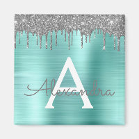 Silver Teal Glitter Brushed Metal Monogram Name