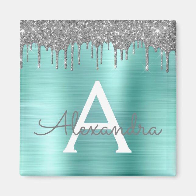 Silver Teal Glitter Brushed Metal Monogram Name Magnet (Front)