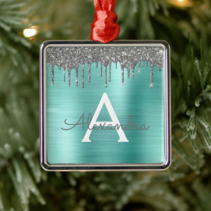 Silver Teal Glitter Brushed Metal Monogram Name Metal Tree Decoration