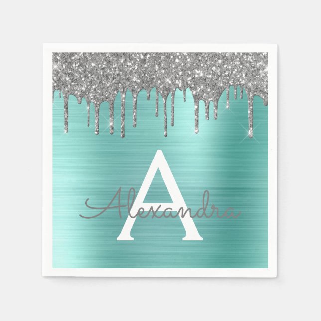 Silver Teal Glitter Brushed Metal Monogram Name Napkin (Front)
