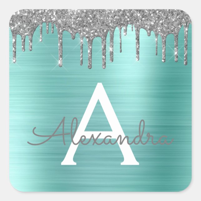 Silver Teal Glitter Brushed Metal Monogram Name Square Sticker (Front)
