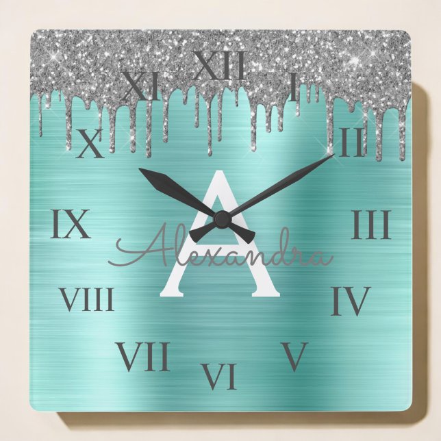 Silver Teal Glitter Brushed Metal Monogram Name Square Wall Clock (Creator Uploaded)