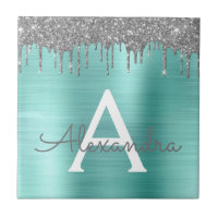 Silver Teal Glitter Brushed Metal Monogram Name