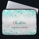 Silver teal glitter green monogram name laptop sleeve<br><div class="desc">A stylish,  modern faux silver metallic looking background. Decorated with teal,  sea green faux glitter dust. Personalise and add your first name,  monogram initials and full name. The name is written with a hand lettered style script.</div>