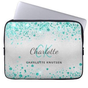 Silver teal glitter green monogram name laptop sleeve